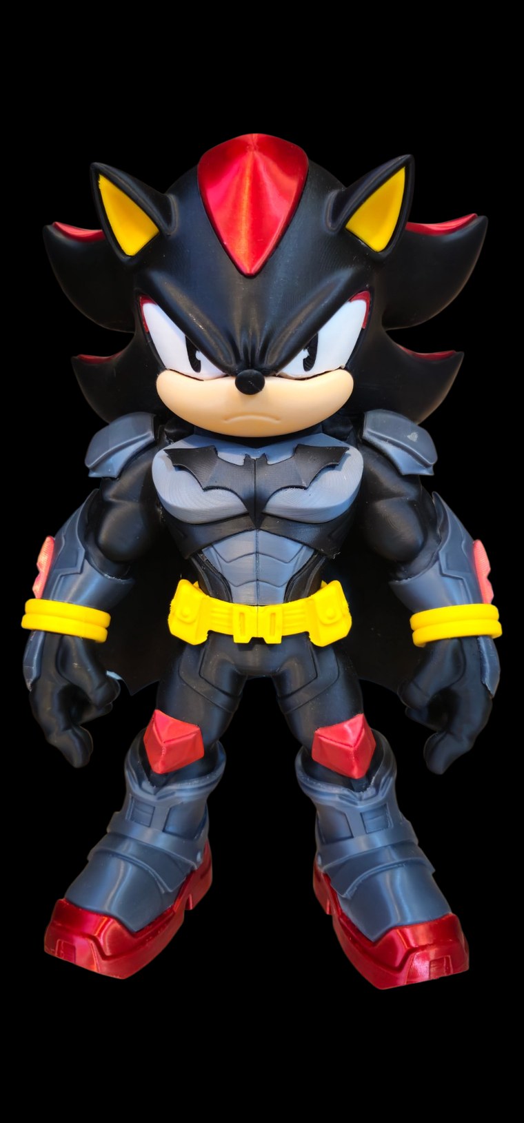 Shadow the Hedgehog dressed as Batman with gray armor, bat symbol, yellow utility belt, cape and red-soled boots