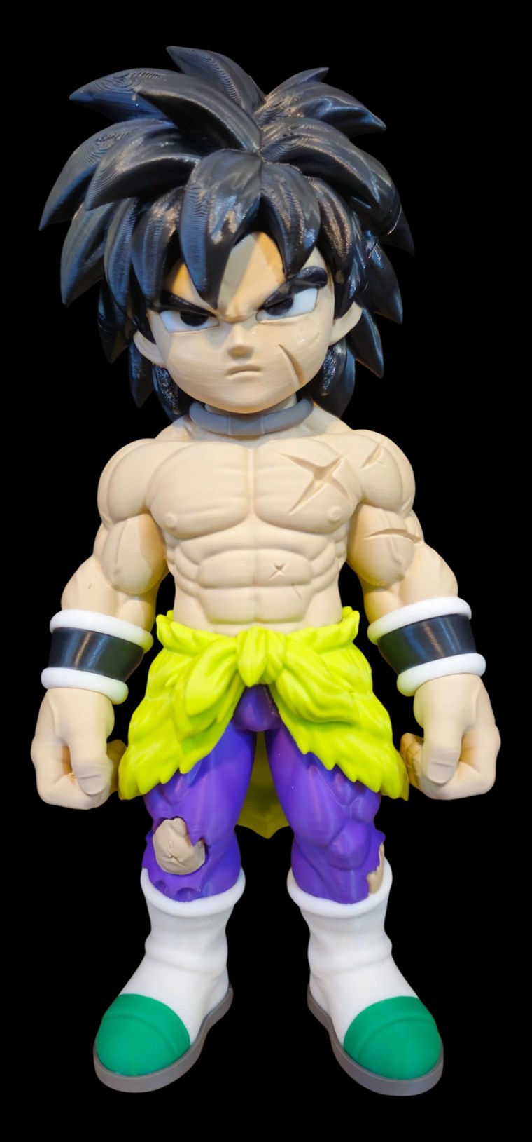 Broly from Dragon Ball figure with wild black hair, battle scars, lime green fur sash, purple pants and white boots