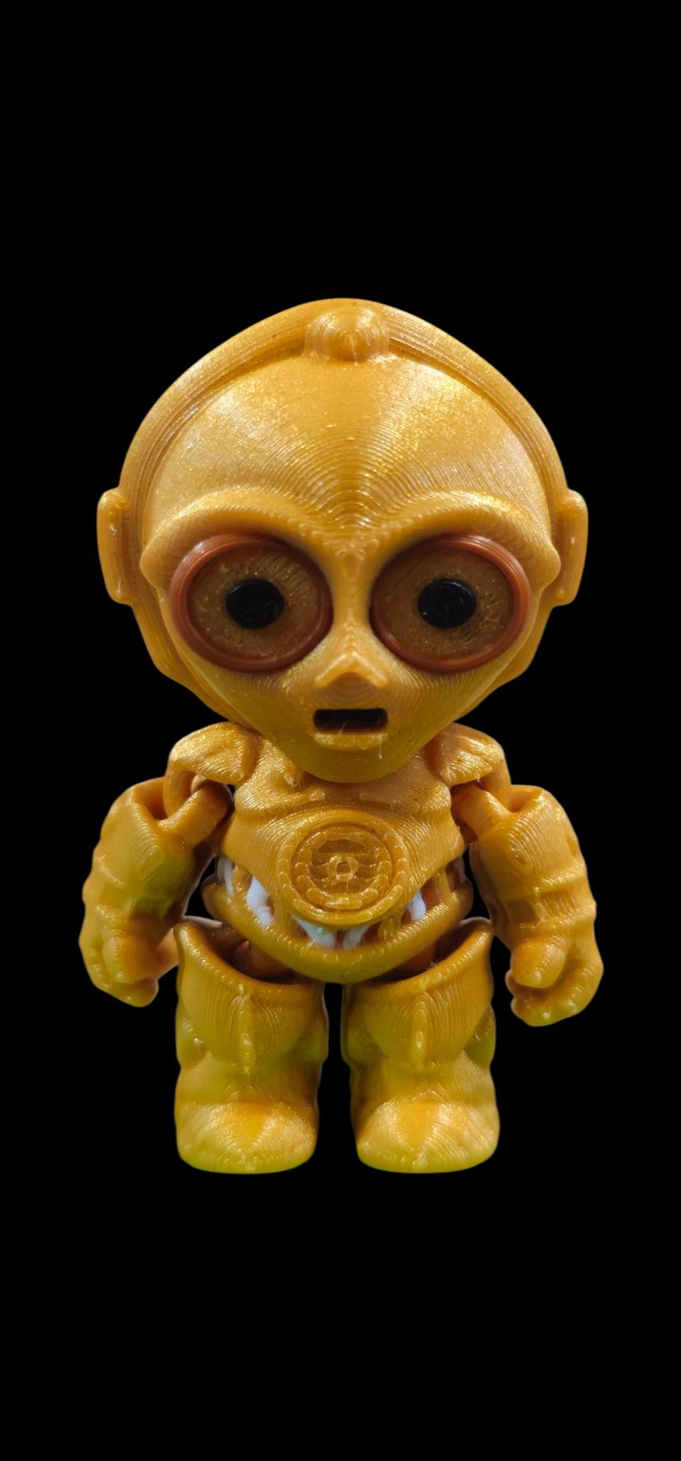 Mini gold C-3PO droid figure with big round eyes