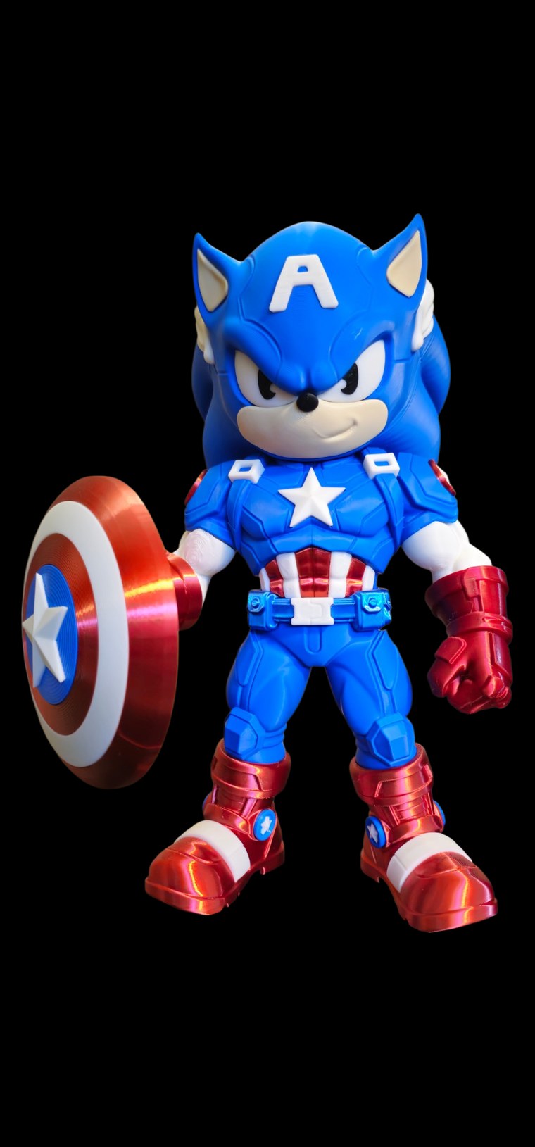 Sonic the Hedgehog dressed as Captain America with the A helmet, star suit, red gloves and boots, holding the round star shield