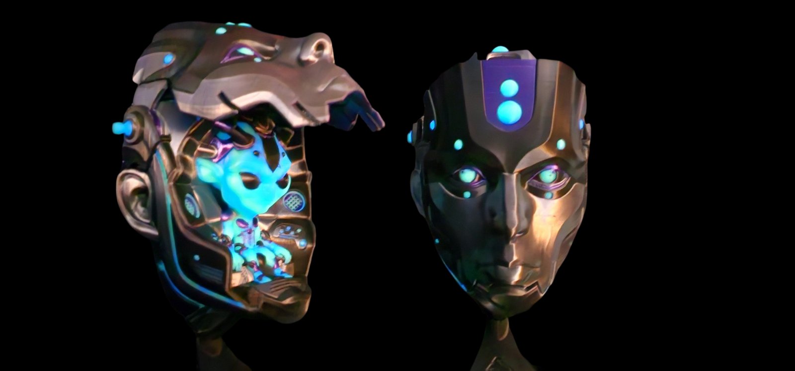 Bronze cyborg head with glowing blue lights, opened to show a small glow-in-the-dark alien pilot inside, beside the closed cyborg face