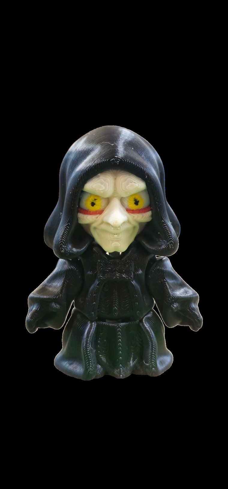 Mini Emperor Palpatine figure in a black hooded robe with yellow eyes