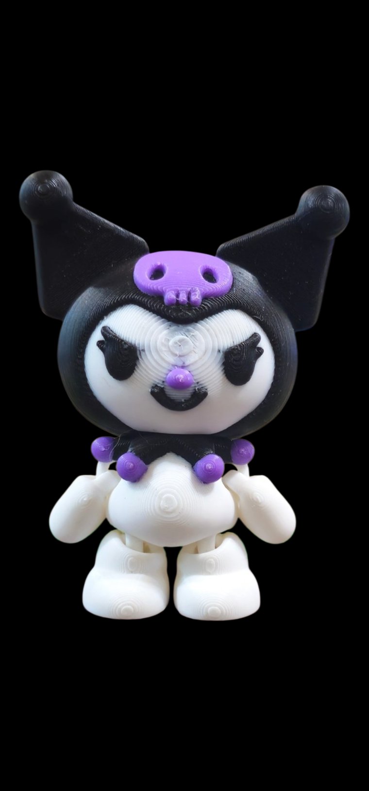 Mini Kuromi figure with black jester hood and purple skull