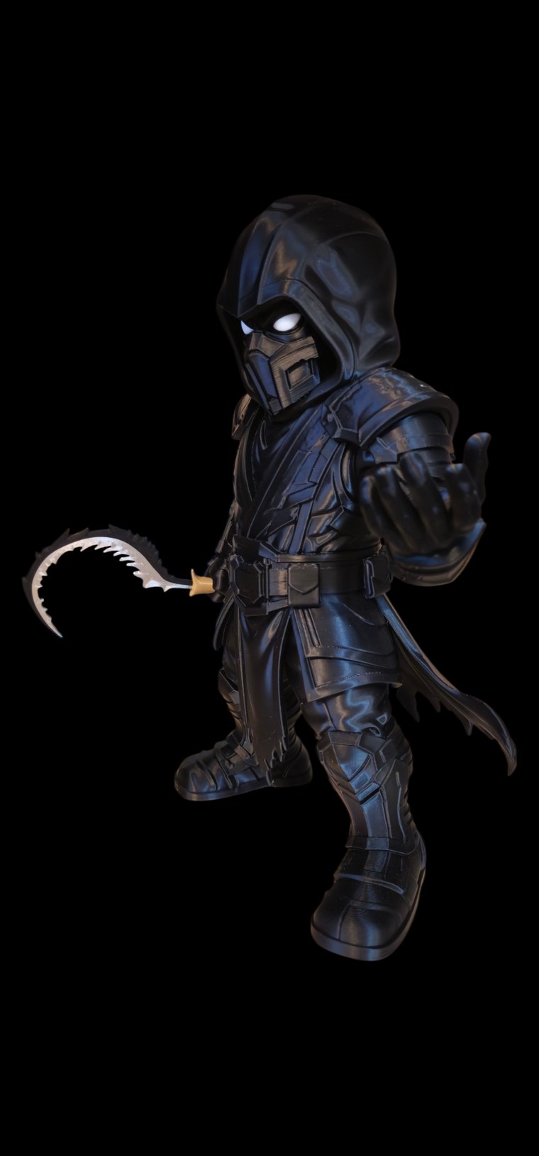 Noob Saibot from Mortal Kombat figure in glossy black hooded armor with glowing white eyes and a curved silver scythe blade