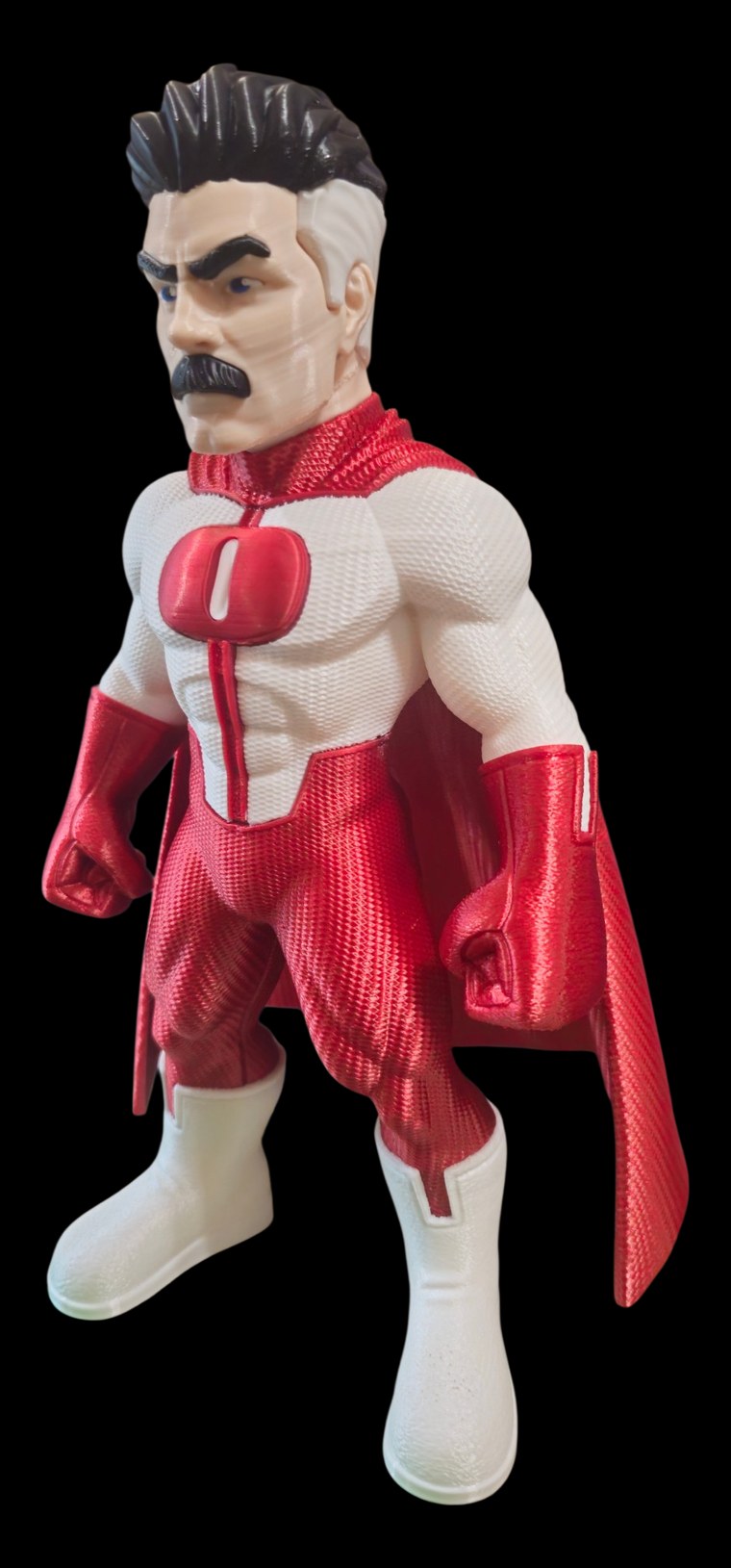 Omni-Man figure with a black mustache, white and red suit with textured fabric look, red gloves, cape and white boots
