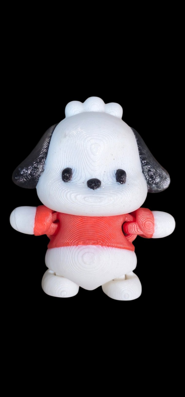 Mini Pochacco puppy figure with black ears and a red shirt