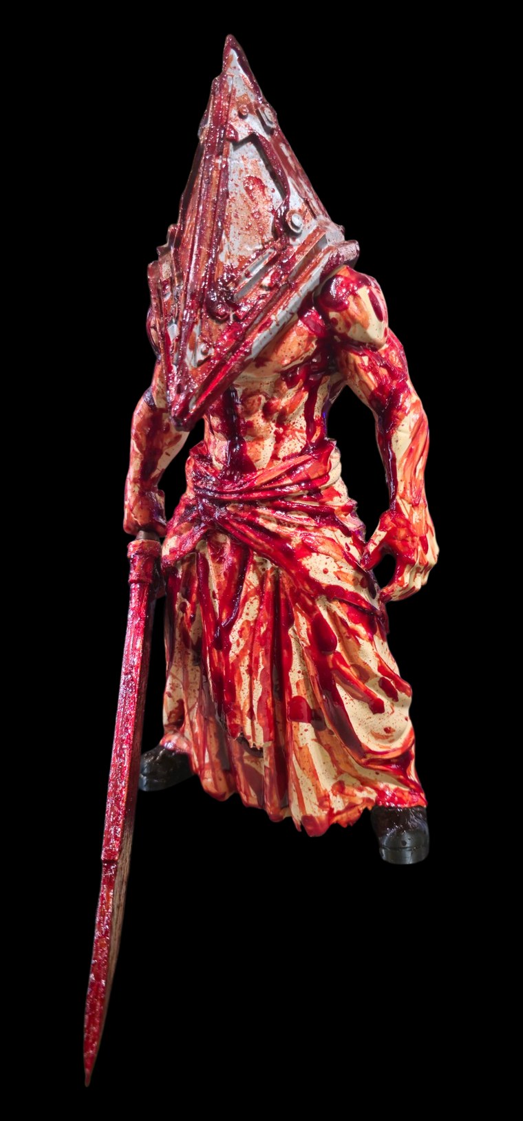 Hand-painted blood-soaked Pyramid Head figure with a rusted pyramid helmet and a great knife