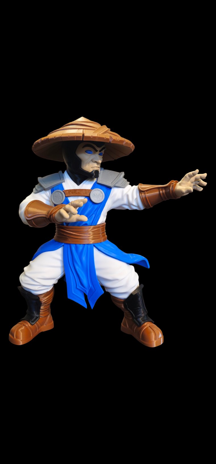 Raiden from Mortal Kombat figure with a wide straw hat, glowing blue eyes, white robe with blue sash and armored shoulders